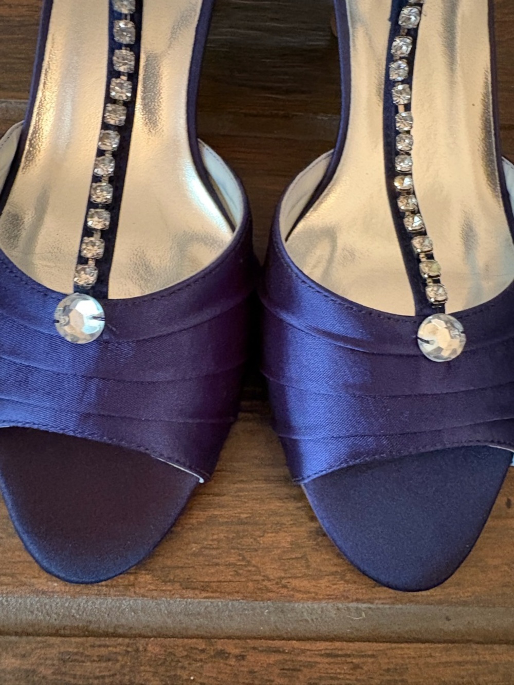 Elegant Navy Satin T-Strap Heels with Crystal Embellishment - Picture 5 of 7
